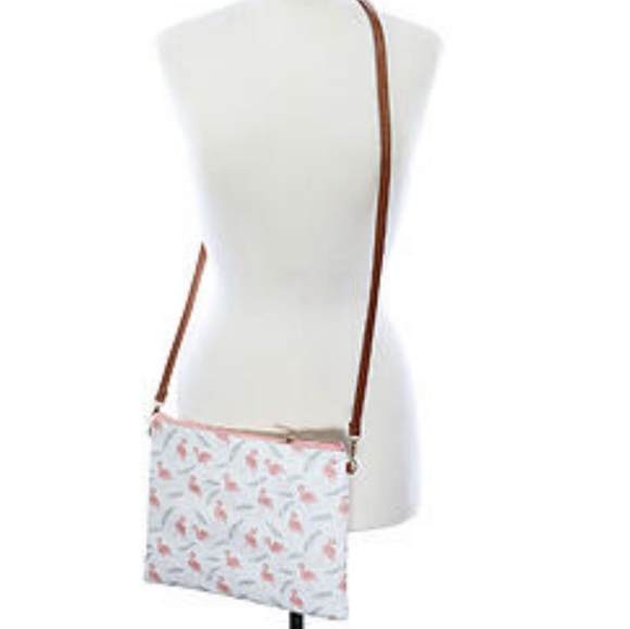 Flamingo and feather design cross body clutch Summer Travel Tropical Make up NWT - Picture 3 of 6